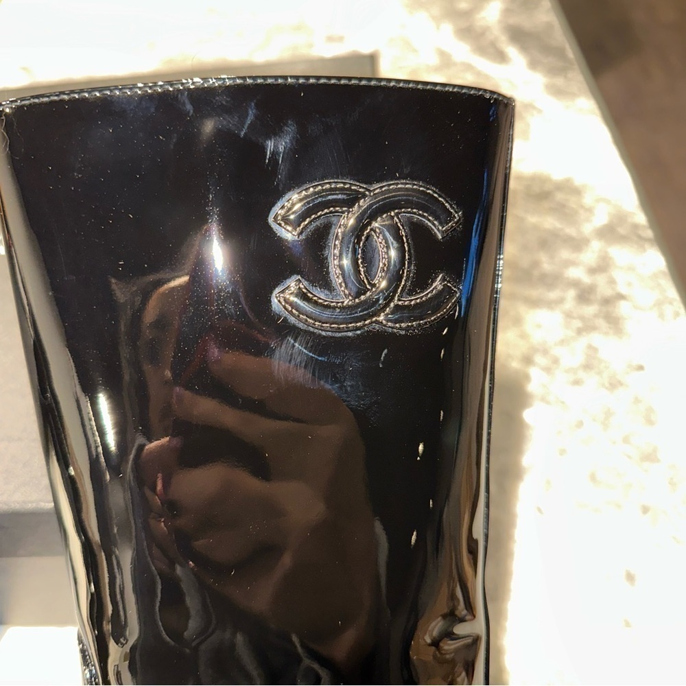 New Size 37.5 Chanel Patent CC Mid Calf Boots Black - Picture 8 of 11